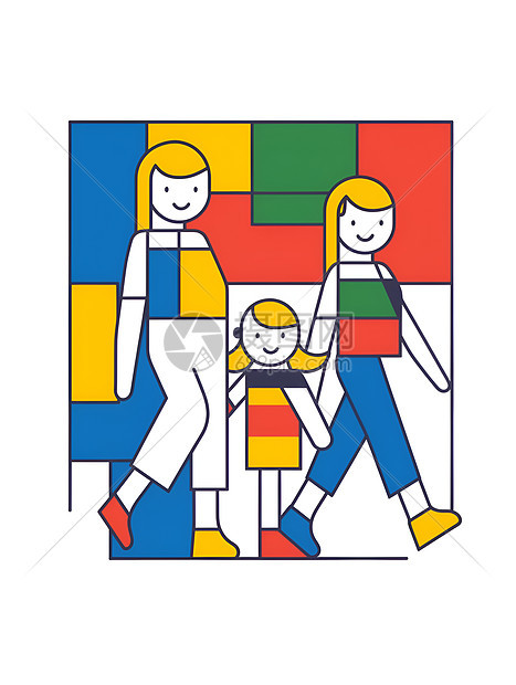 彩色方块中的家庭步行图片