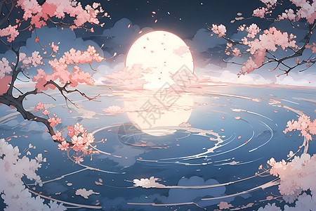 月光的樱花树图片
