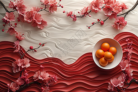 春节喜庆背景下的水果图片