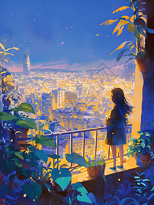城市阳台上的女孩背景图片