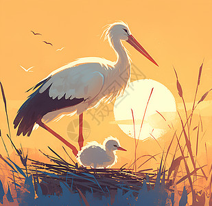 鸟类白鹳和宝宝在阳光下插画