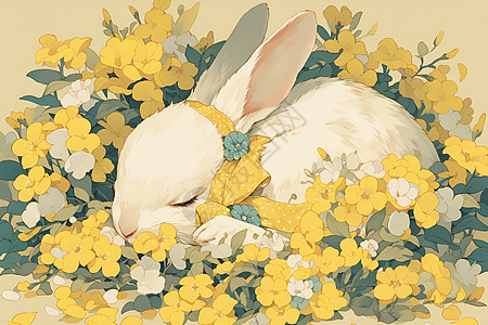 静谧花海中的白兔图片