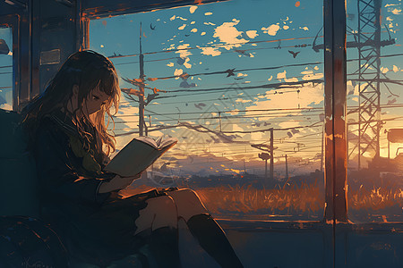 列车中看书的女孩图片