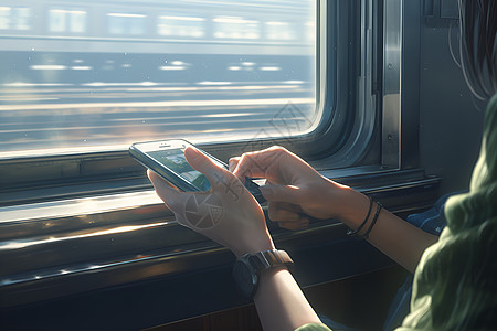 火车内拿着手机的女子背景图片