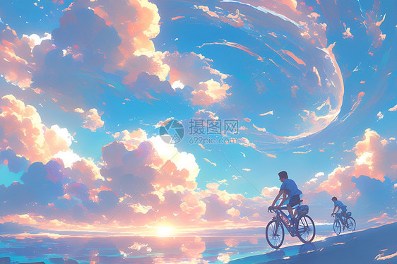 骑行仙境云海中的自行车追风者图片