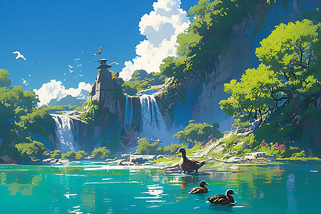 蓝天下的瀑布泄湖图片