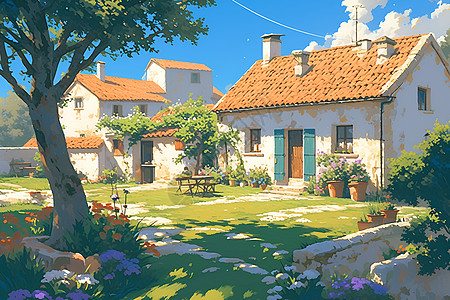 村庄插画蓝天下的村舍背景