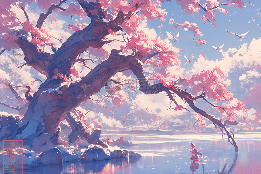 樱花树下的湖泊图片