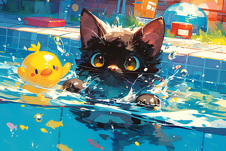 夏日畅泳的猫咪图片