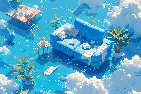 水中的蓝色沙发图片