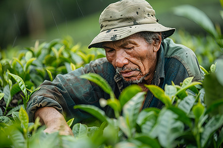 男子在茶园中采摘茶叶图片