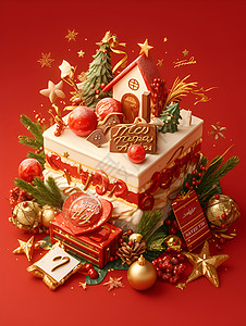 圣诞节美食红与喜庆的圣诞蛋糕插画