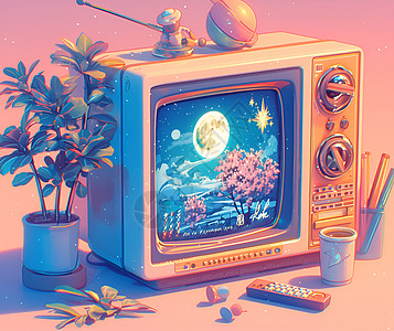 粉色天空下的复古电视与月亮和星星的可爱插画图片