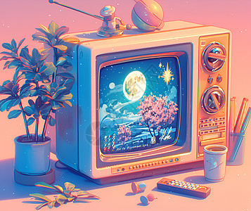 粉色天空下的复古电视与月亮和星星的可爱插画图片