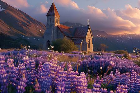 紫花环绕的山间教堂高清图片