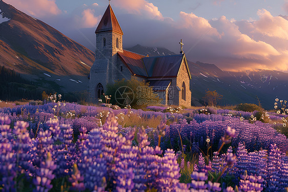紫花环绕的山间教堂图片