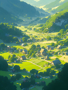 丘陵绿野中的风景村庄图片