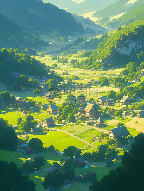 丘陵绿野中的风景村庄图片