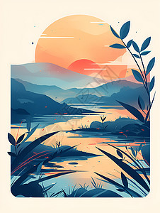 夕阳倒映湖泊山岭图片