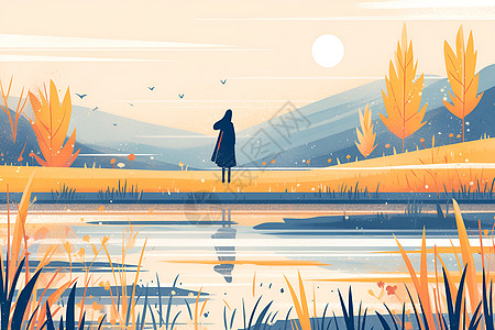 夕阳畔湖的人物背景图片