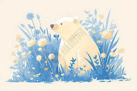 花草丛中的白熊图片