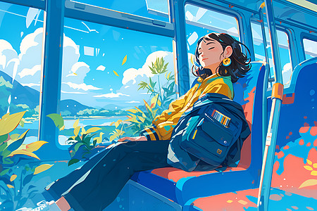 公交车上休息的女孩高清图片