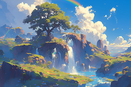 幻境中的瀑布彩虹图片