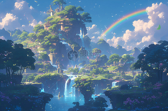 山间的彩虹瀑布图片