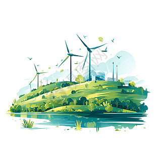 绿色能源风车与鸟图片