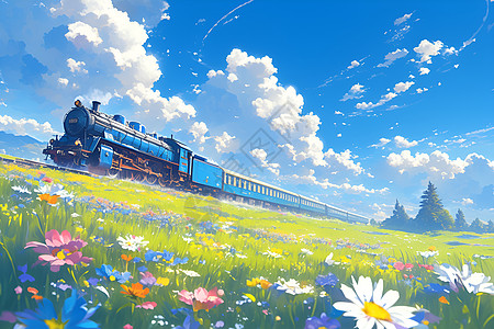 火车穿行于花卉点缀的田野间图片
