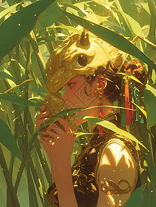 竹叶中的女孩背景图片