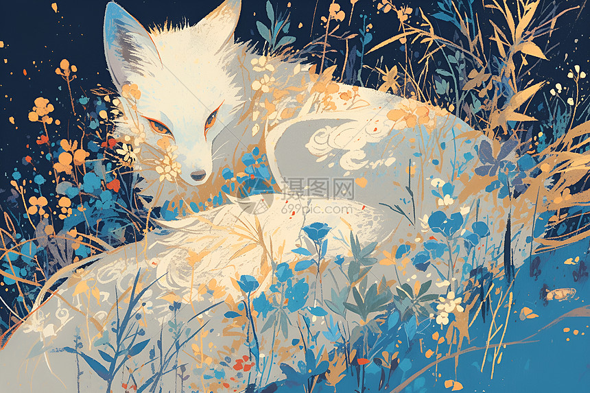 白狐躺在花草丛中图片
