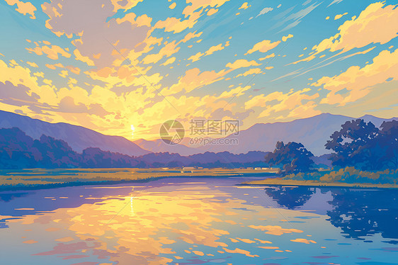 夕阳的湖泊景色图片