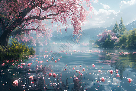 湖面上的花朵图片