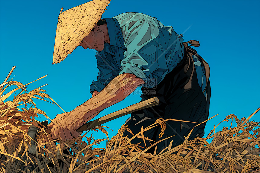 农民收割稻田图片