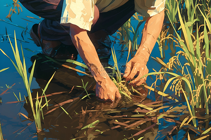 观察水稻的农夫图片