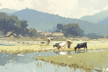 田野里的农民和牛图片
