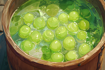 木桶里的绿葡萄图片