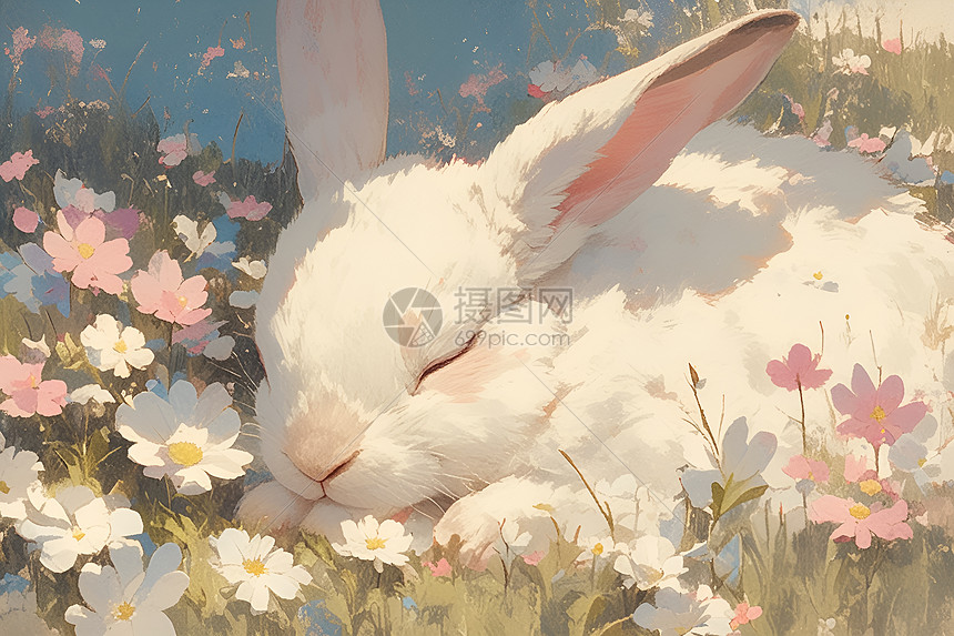 花丛中沉睡的白兔图片