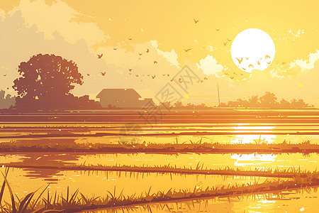 金色阳光映照下的广阔稻田图片