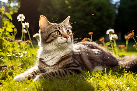 草地猫草地上一只猫仰望着天空背景模糊背景