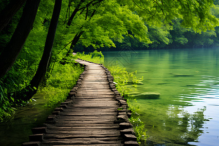 走进湖畔森林湖畔木板路背景