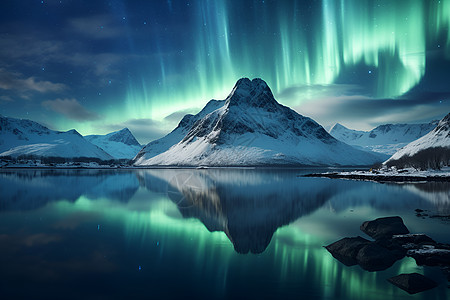 夜晚雪山美丽的北极光背景