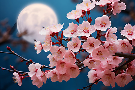满月下的樱花图片