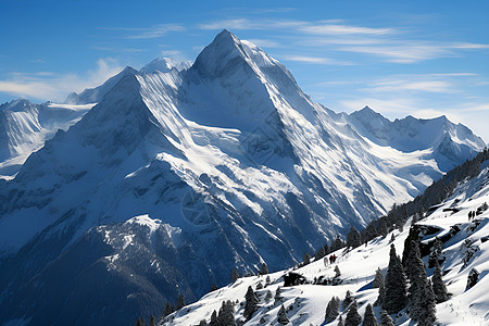 天空树木冰雪皑皑的高峰背景