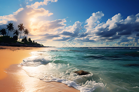 海浪与美少女夕阳余晖下的海滩与棕榈树背景
