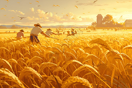 黄昏下的金色稻田高清图片