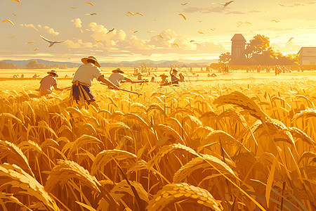 黄昏下的金色稻田图片