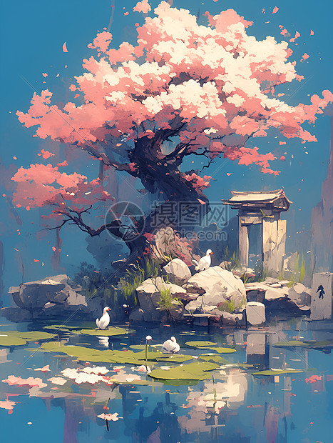 盛放樱花树屹立在池塘边图片