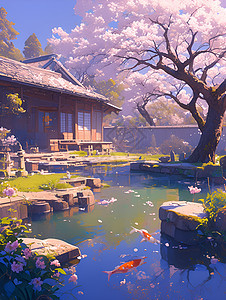 院子里的樱花树和池塘图片